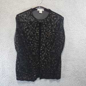 Notations Black Long Sleeve Top Womens Small Swirl Button Neck Cardigan Feminine